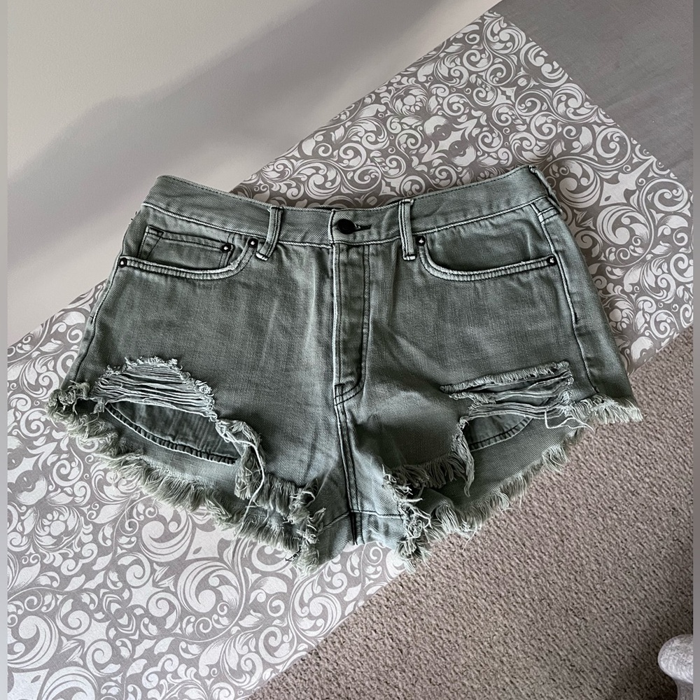 We The Free Olive Green Distressed Denim Cutoff Shorts